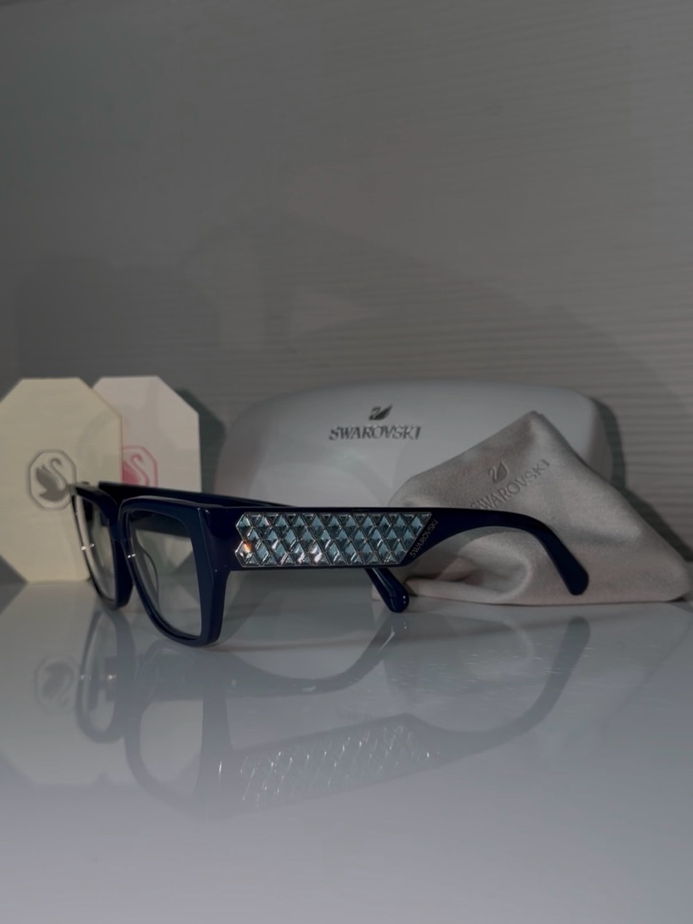 NEW Swarovski Crystal Eyeglasses Frames Blue w/ Case Certificate Cloth & Sticker